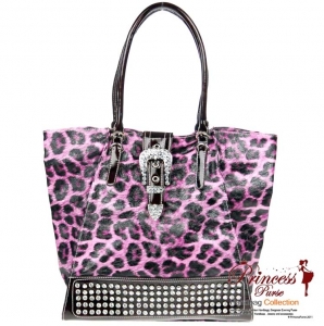 Designer Inspired Animal Print Glossy Leatherette Hand Bag w/ Flip-over Buckle and Rhinestone Decor